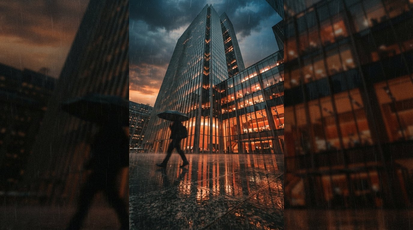 A low-angle view looking up past a rain-soaked plaza toward a glowing glass curtain-wall structure.