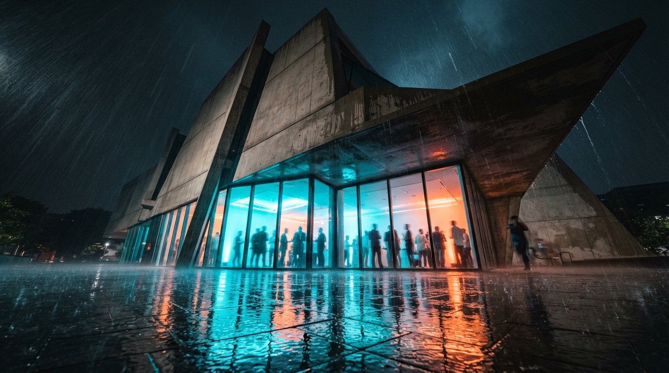 A worm's-eye perspective looking up at a modern concrete pavilion reflecting vibrant neon light during a rain storm.