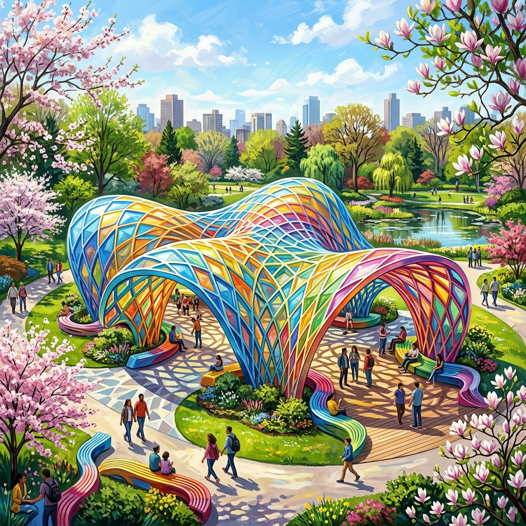 Freeform colorful parametric architecture pavilion in a public park