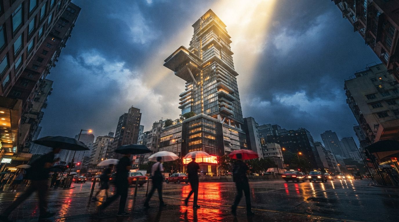 A low-angle photograph of a modern high-rise tower reflecting bright city lights on rain-washed streets during a clearing storm.