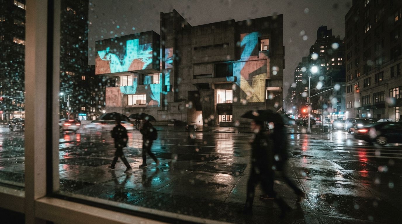 A brutalist concrete building facade illuminated at night by neon projection light and reflected in wet street pavement.