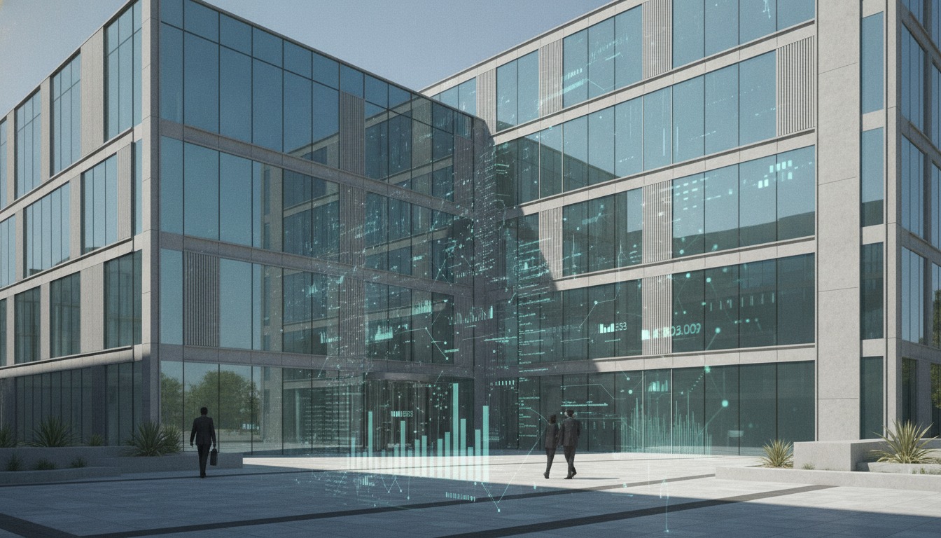 An urban studio facade at night wet with rain while electric streetlights reflect across polished granite.