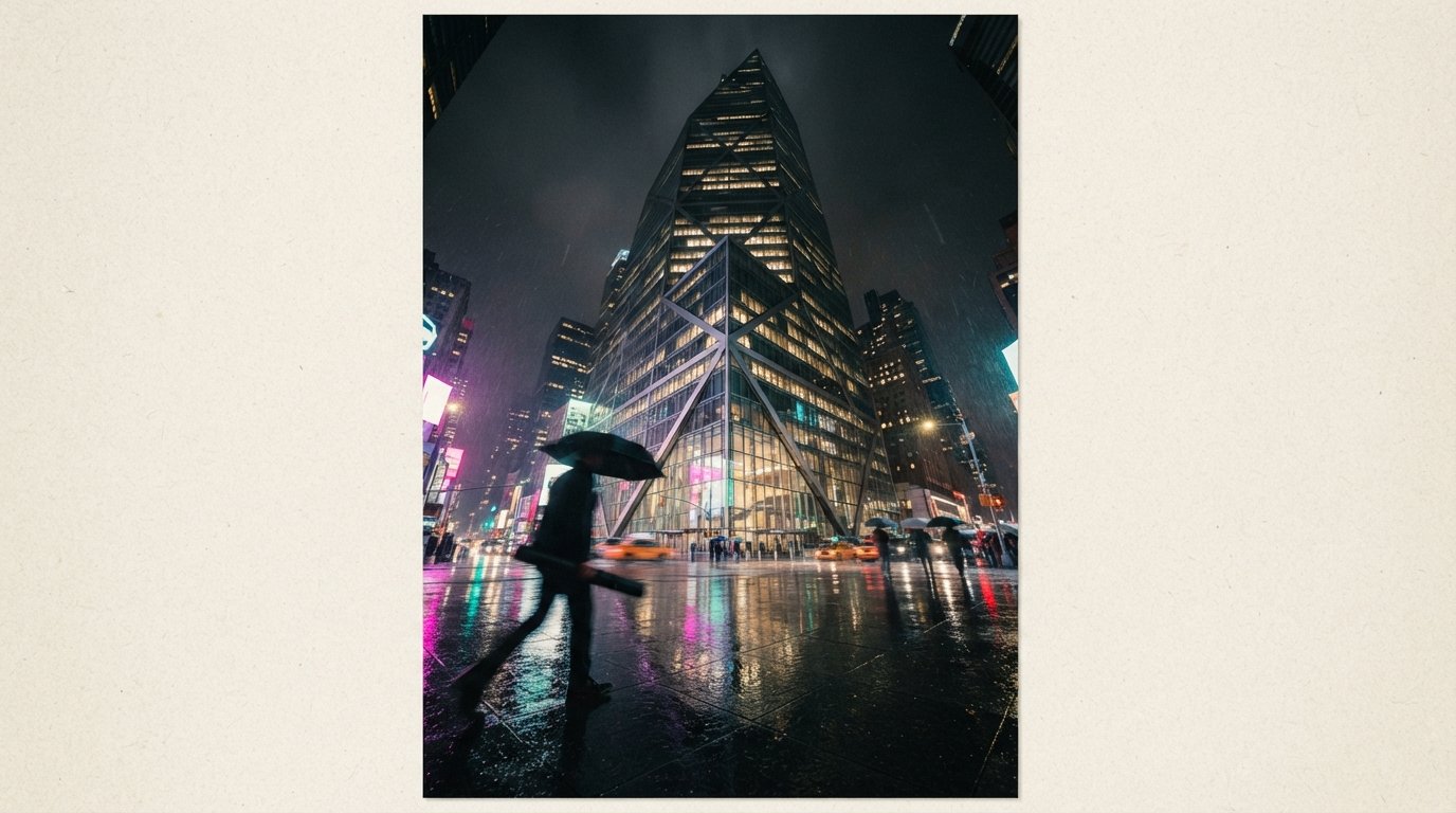 A low-angle nighttime photograph of a glass skyscraper facade and rain-soaked plaza reflecting neon city lights.