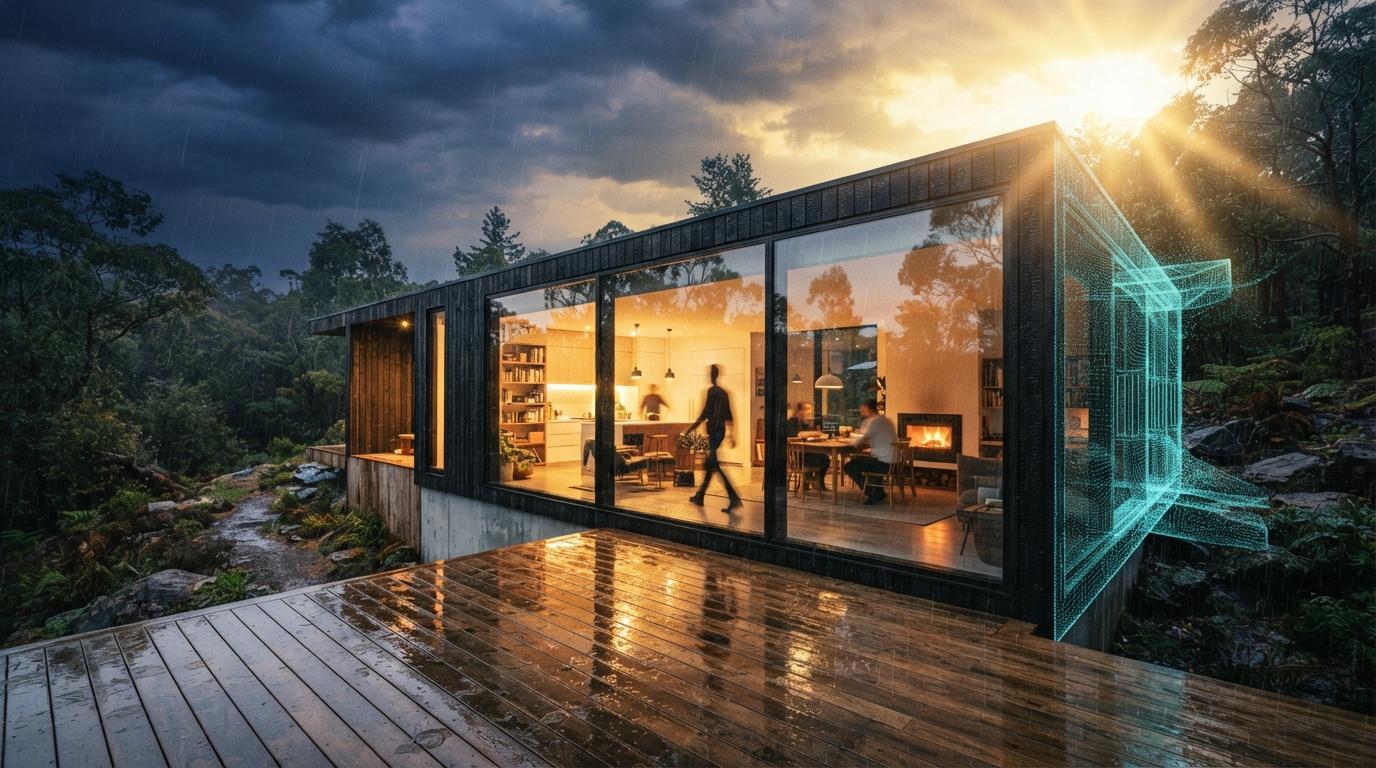 A modern residential house addition shown during a clearing rainstorm with one edge dissolving into glowing digital wireframes.