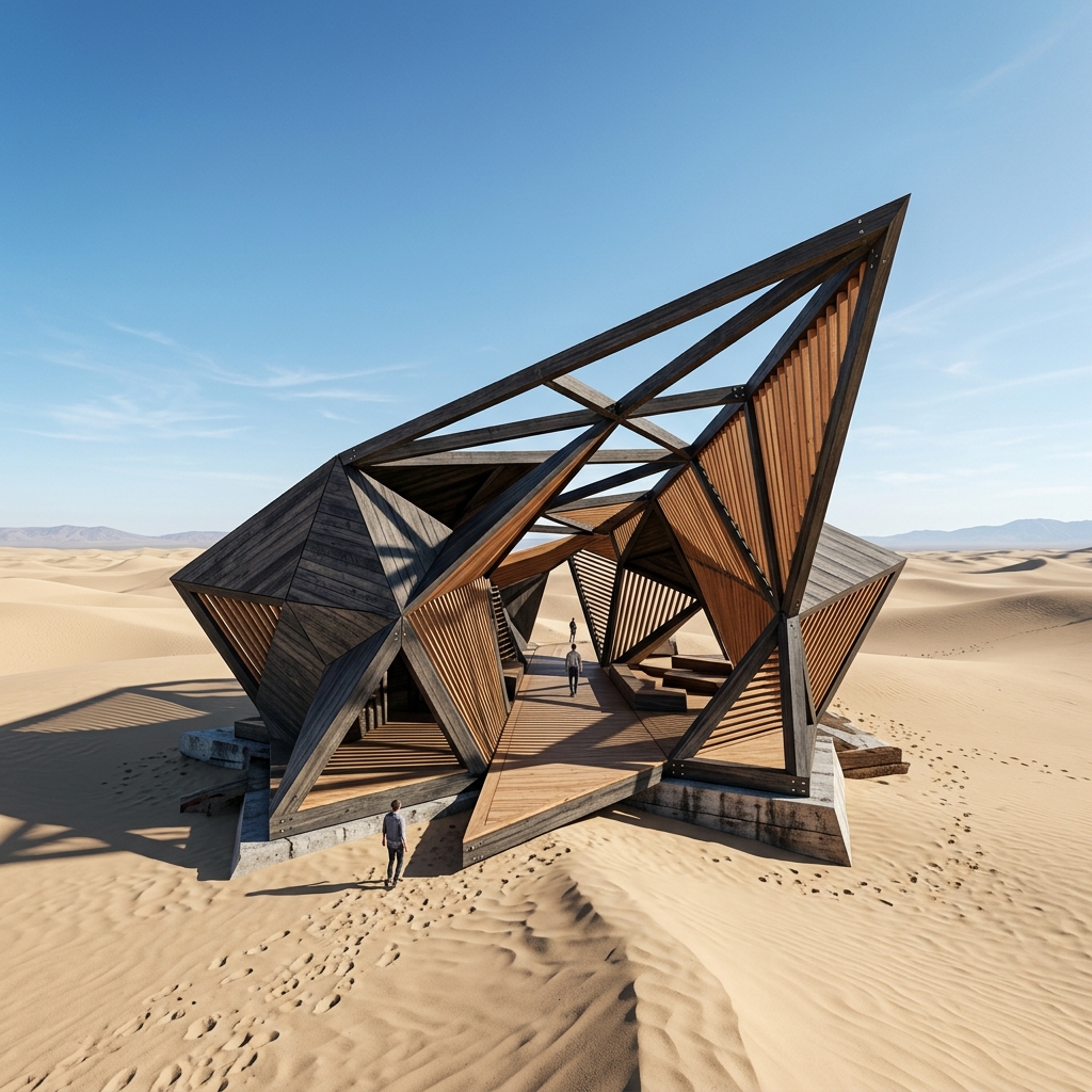 Sleek minimal geometric timber pavilion in a sand desert using ArchSynth