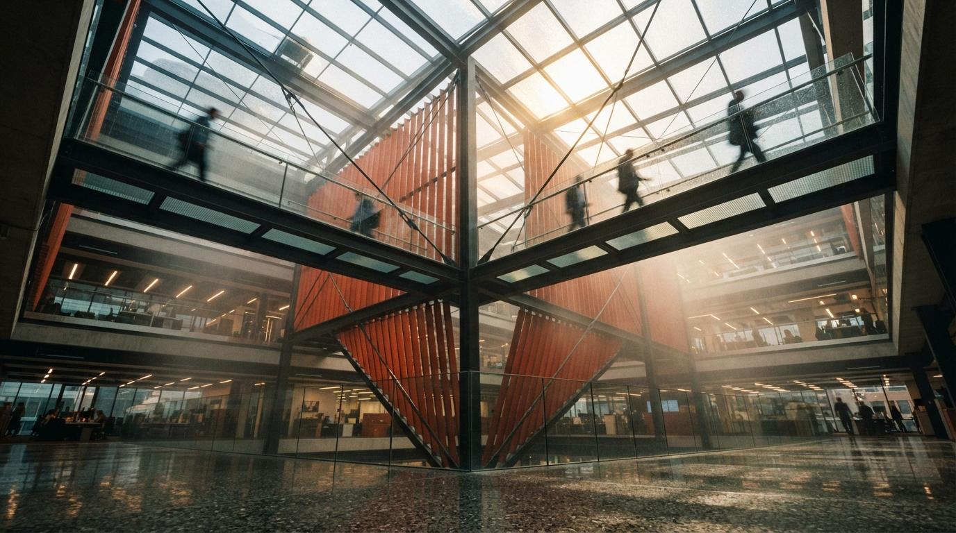 A low-angle photograph looking up through a multi-story glass atrium as sunlight cuts through storm mist.