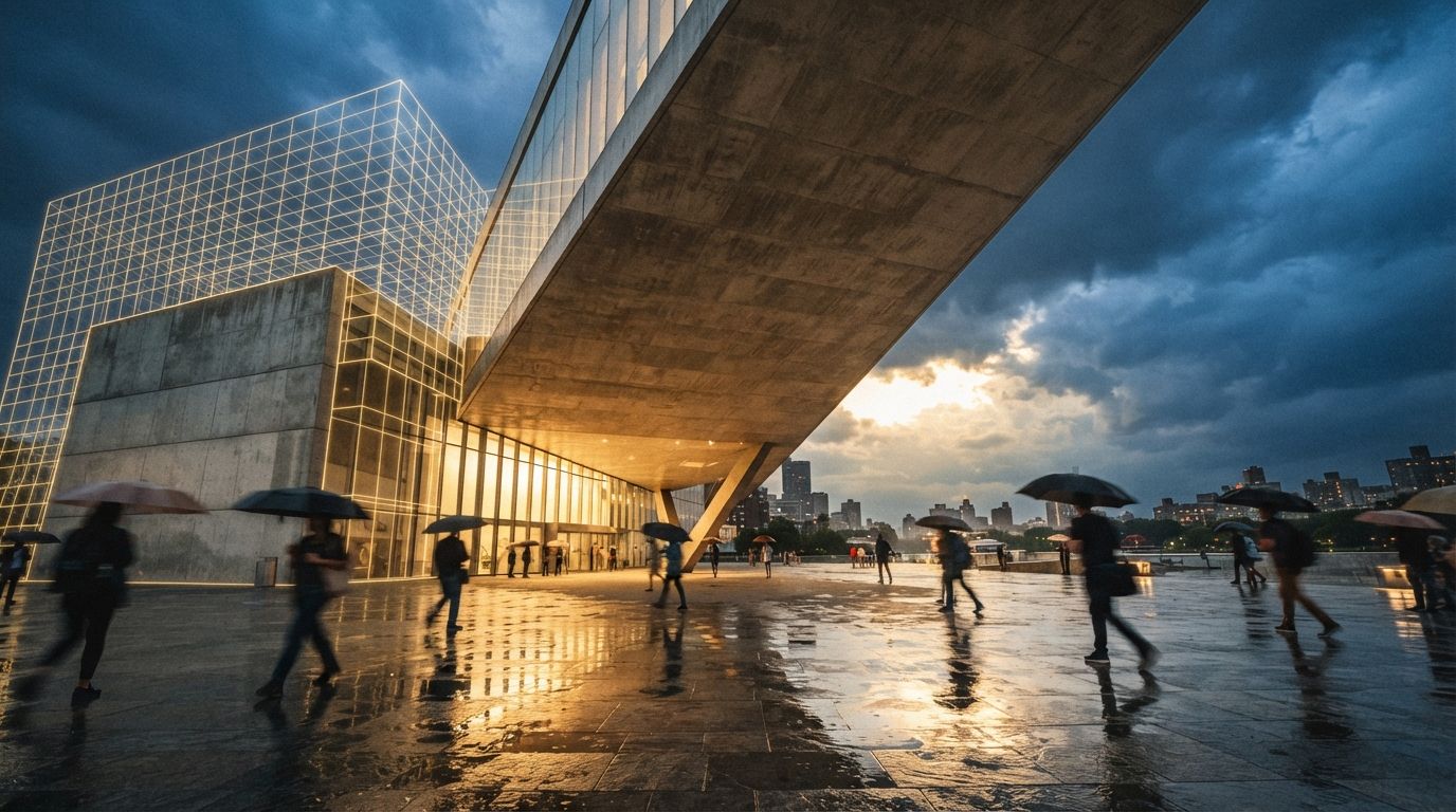 A low-angle shot of a contemporary museum pavilion reflecting in storm-washed plaza ground as golden sunlight breaks through clouds.
