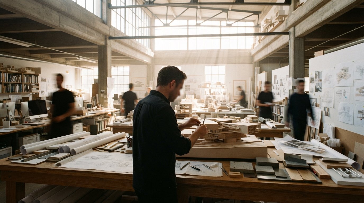 An architect works with a physical timber building model in a bright sunlit architecture studio.