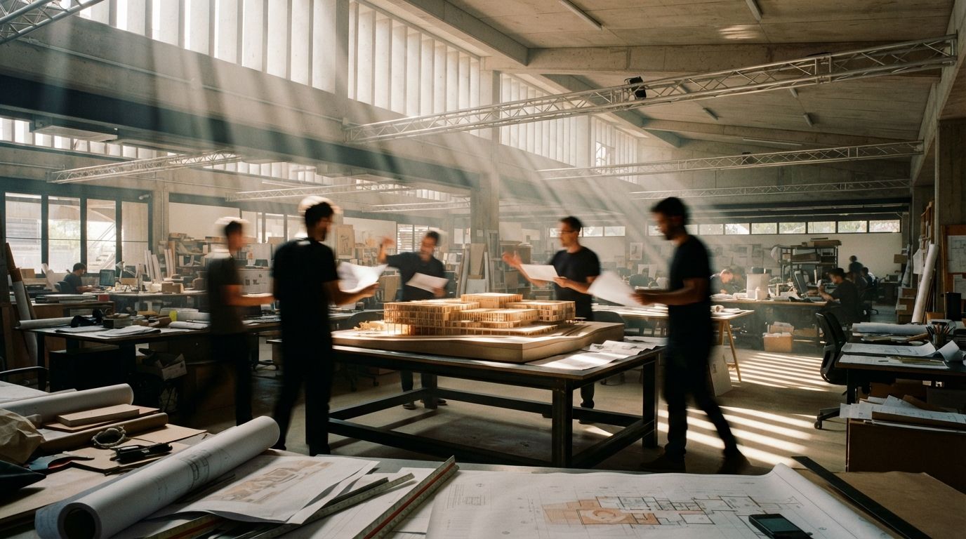 Architects examine a large wooden scale model inside a sunlit architectural studio space.