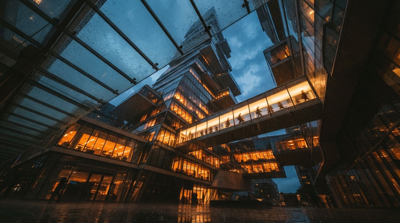 A low-angle view looking up at a rain-soaked glass skyscraper canopy lit from within during a storm.