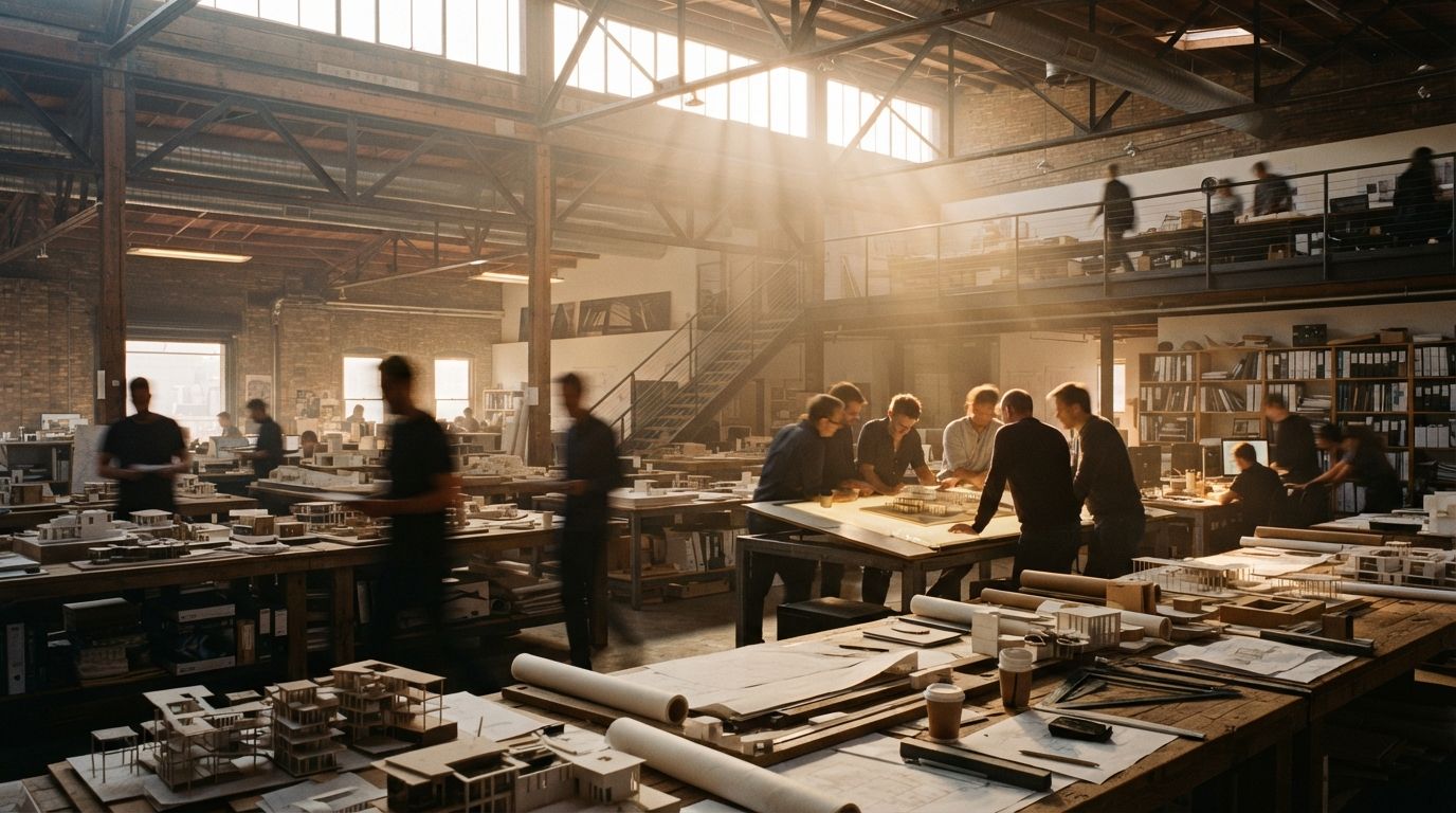An expansive architectural studio with designers moving among physical models under warm sun shafts.