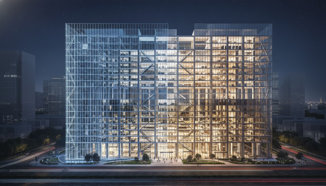 A worm's-eye view from a wet street looking up at a concrete building with glowing neon wireframe projections mapped onto its facade.