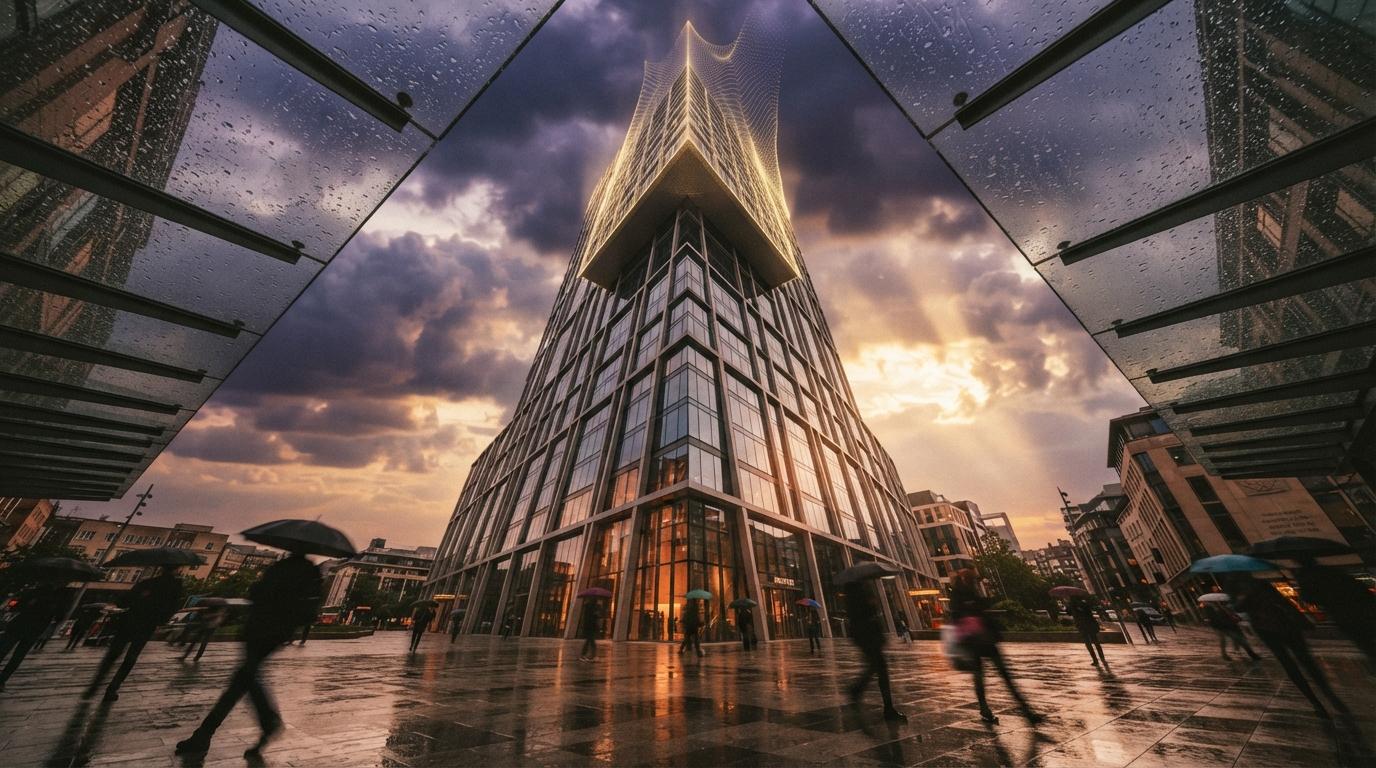 A low-angle perspective looking up at a tall glass tower as storm clouds break over a rain-slicked plaza.