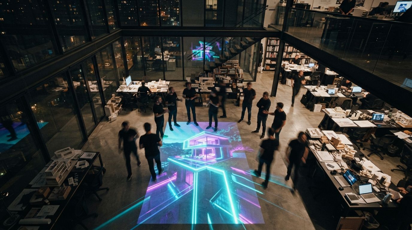 A top-down view of architects reviewing an illuminated project model on a studio floor at night.