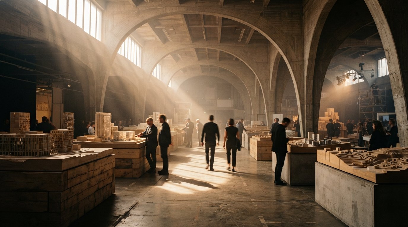 Architects inspect physical building models inside a sunlit concrete gallery hall.
