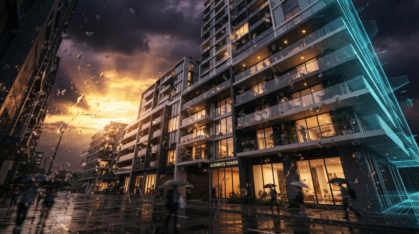 A low-angle view of a residential building during a sunset storm where one side dissolves into a digital point cloud.