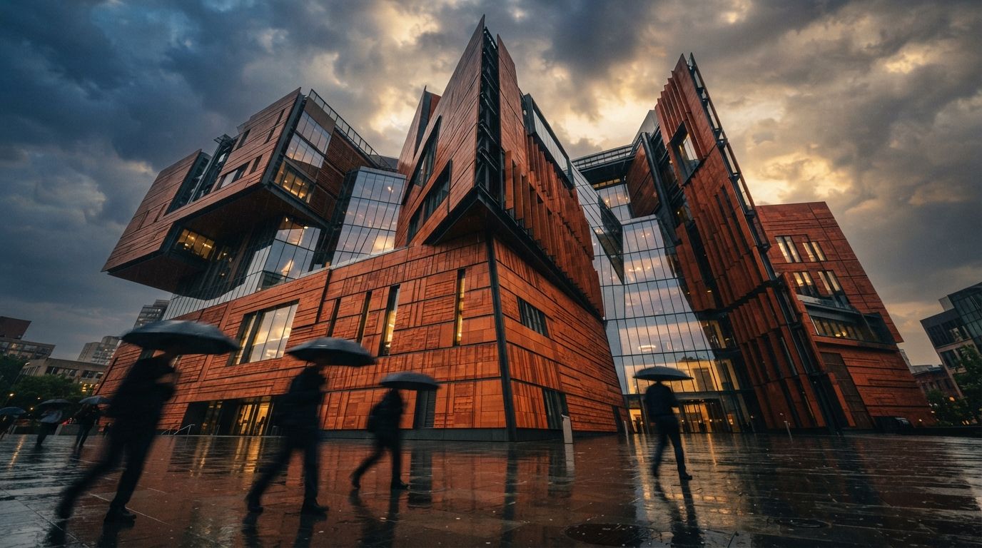 A low-angle view looking up at a cantilevered terracotta building during a monsoon storm clearing.
