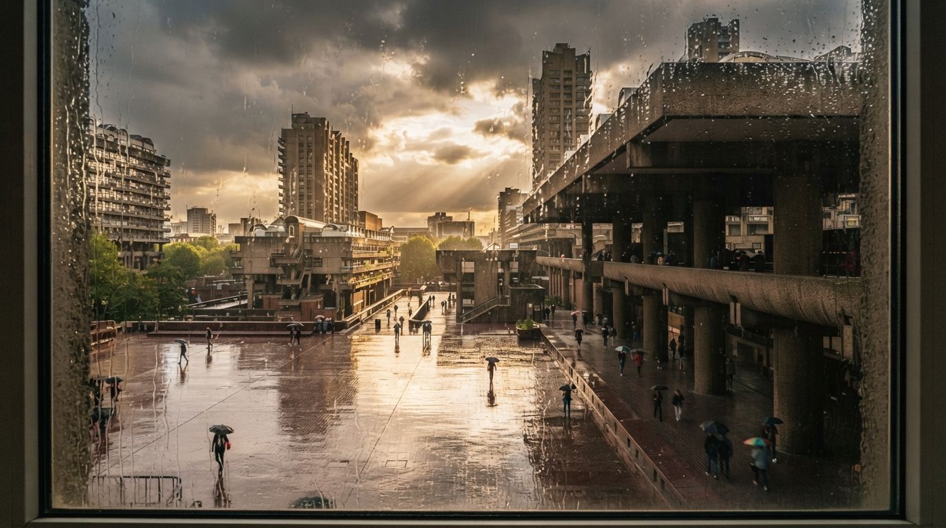 A storm breaks over a concrete civic plaza, reflected in wet ground and viewed through rain-spotted glass.