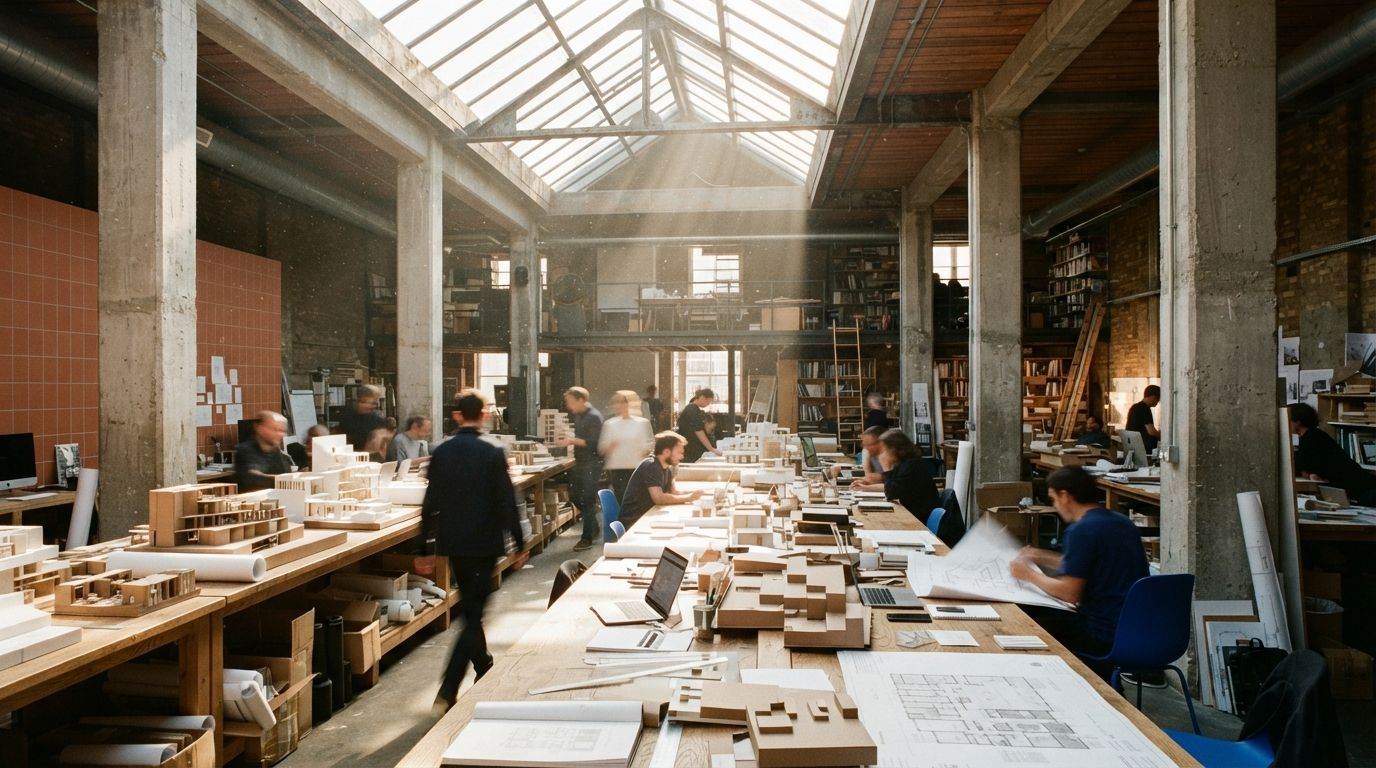 Architects interact around large design tables inside a sunlit industrial loft studio.