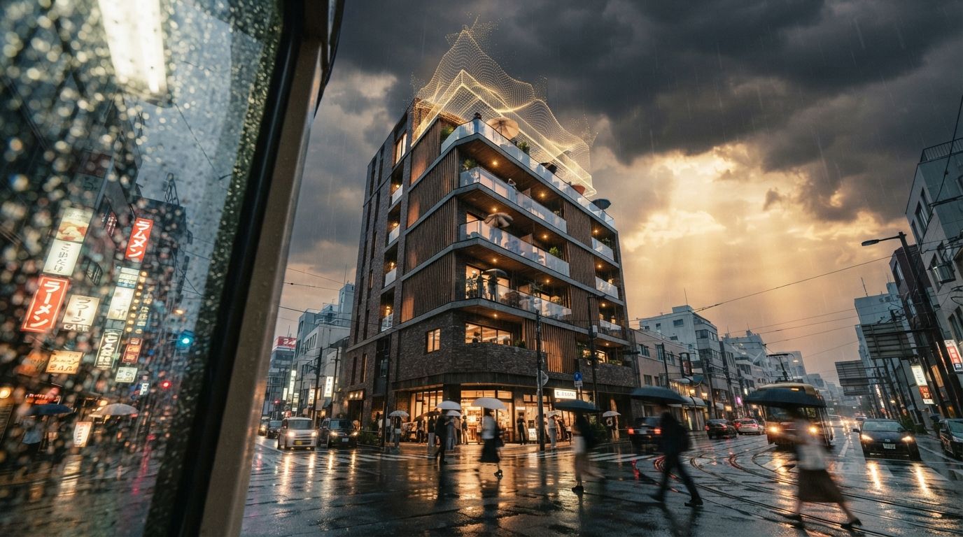 A low-angle shot looking up at a four-storey mixed-use building through rain-splattered glass during a clearing storm.