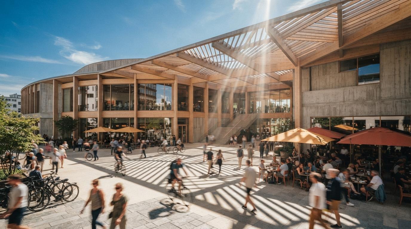 Pedestrians move across a sunny public plaza outside a modern concrete and timber cultural center.