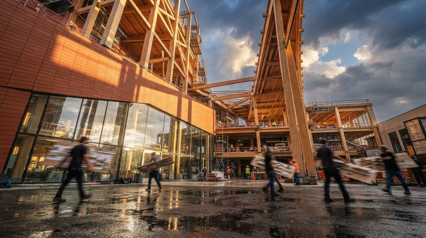 A low worm's-eye view of a modern timber facade reflecting golden sunlight and storm clouds in rain puddles.