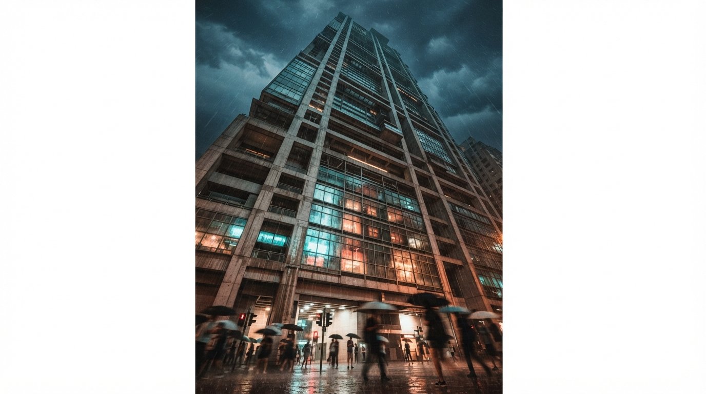 A low-angle worm's-eye view looking up a towering rain-washed modern skyscraper during a storm.