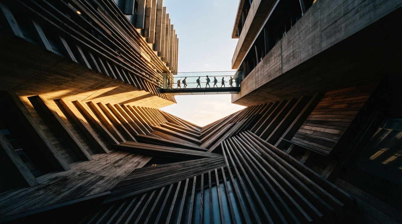 A low-angle macro view of a ribbed building facade illuminated by raking morning sunlight.