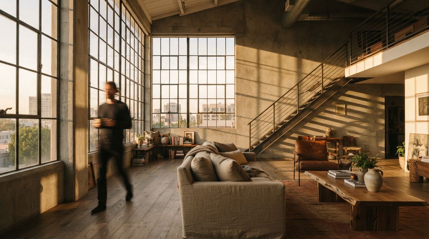 A sunlit double-height loft living room with a motion-blurred figure walking across oak wood floors.