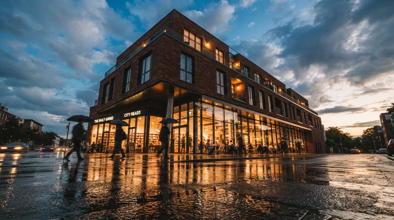 A low-angle photograph of a mixed-use building's glass storefronts and upper balconies reflected on a wet street after rain.