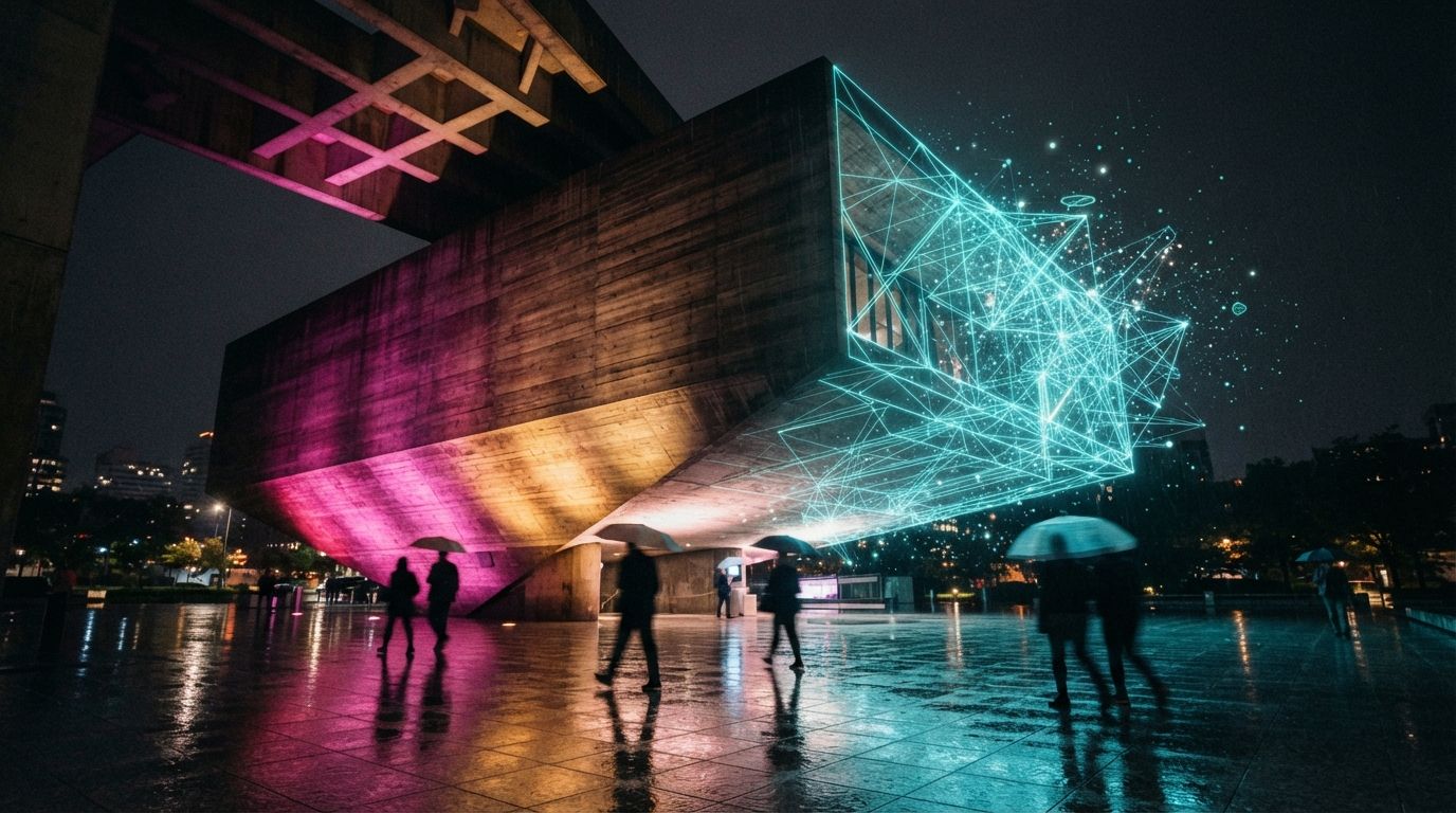 A low-angle night photograph of a modern concrete building partially dissolving into cyan wireframes over rain-slicked plaza reflections.