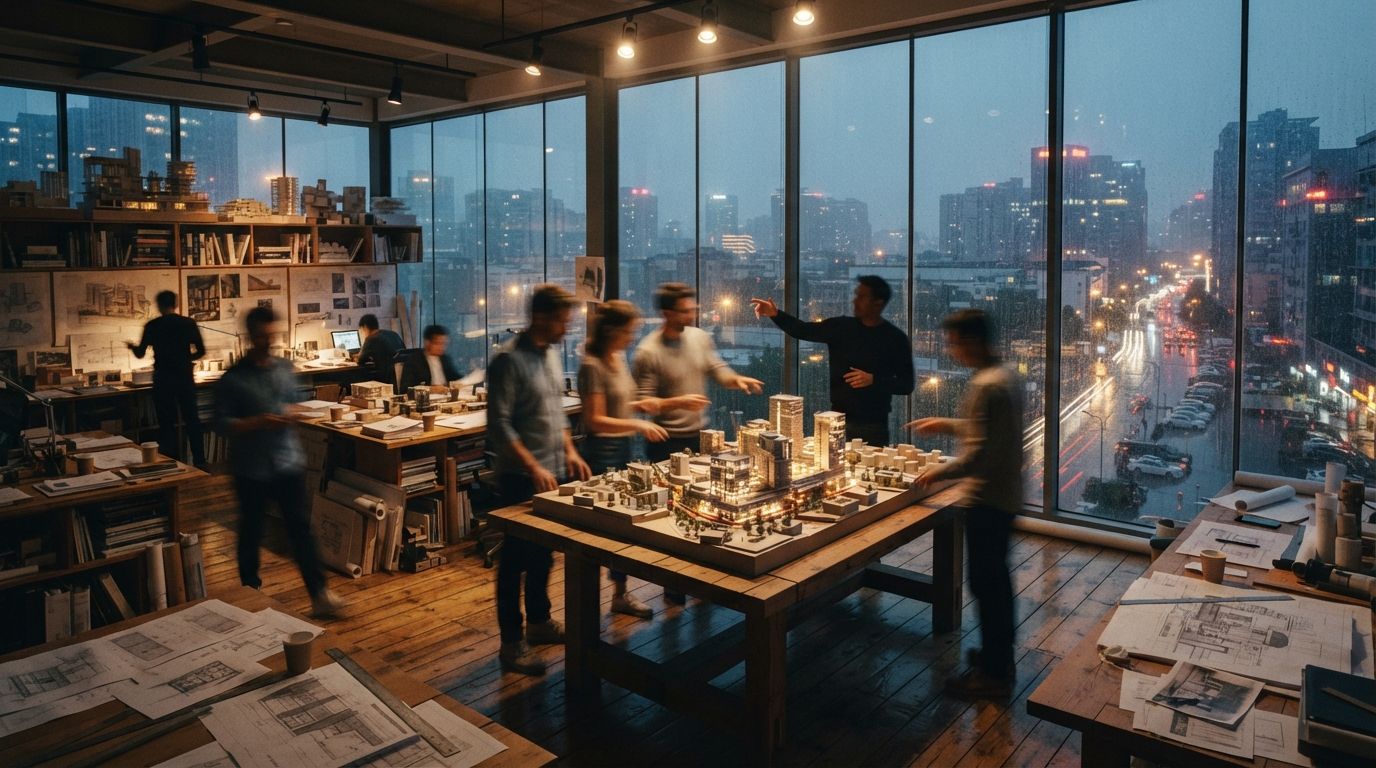 Architects move through a brightly lit modern studio at dusk while reviewing a physical scale model.