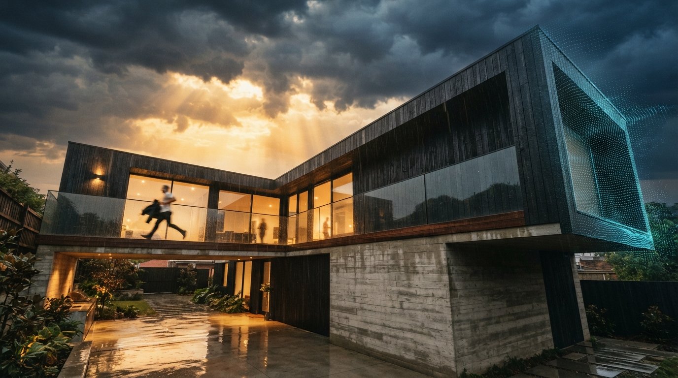 Worm's-eye view of a modern two-storey home exterior reflected in rain-soaked paving under storm-clearing sunlight.