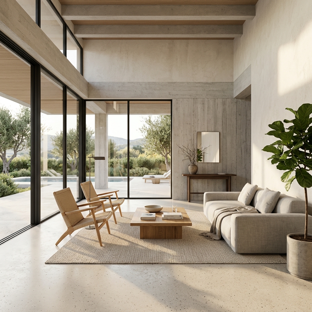 Hyper-realistic D5-style render of a luxury concrete villa interior with minimalist furniture