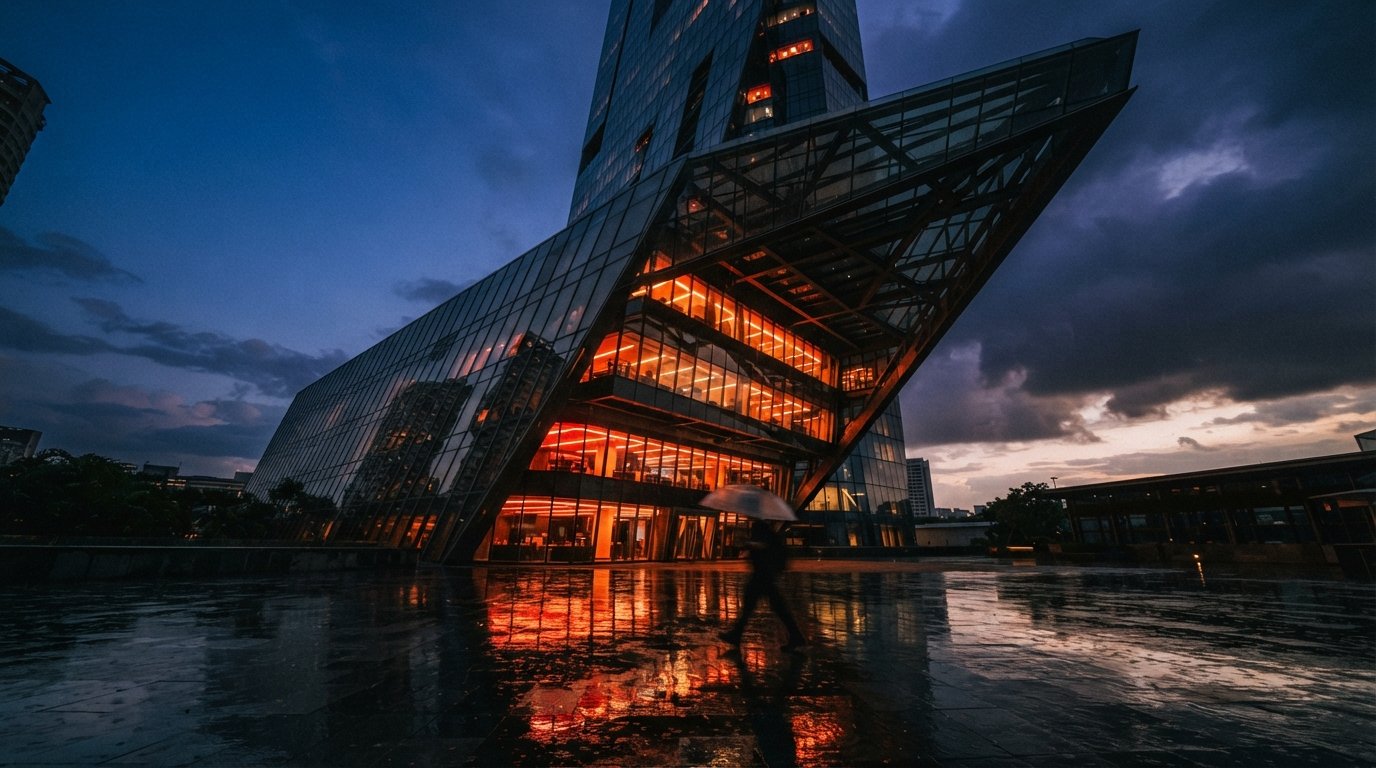 A low-angle view of an illuminated modern glass cantilevered building reflecting off a wet plaza during a rainstorm.