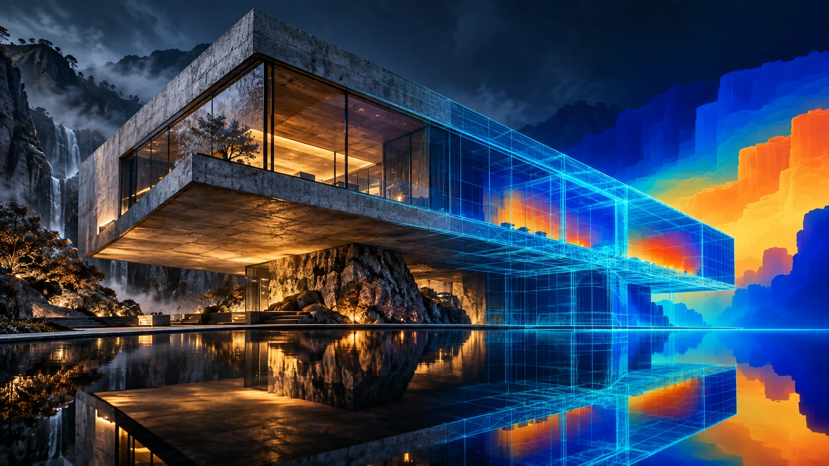 A dramatic concrete pavilion transforms into luminous cyan wireframe and vivid depth colors above reflecting water.
