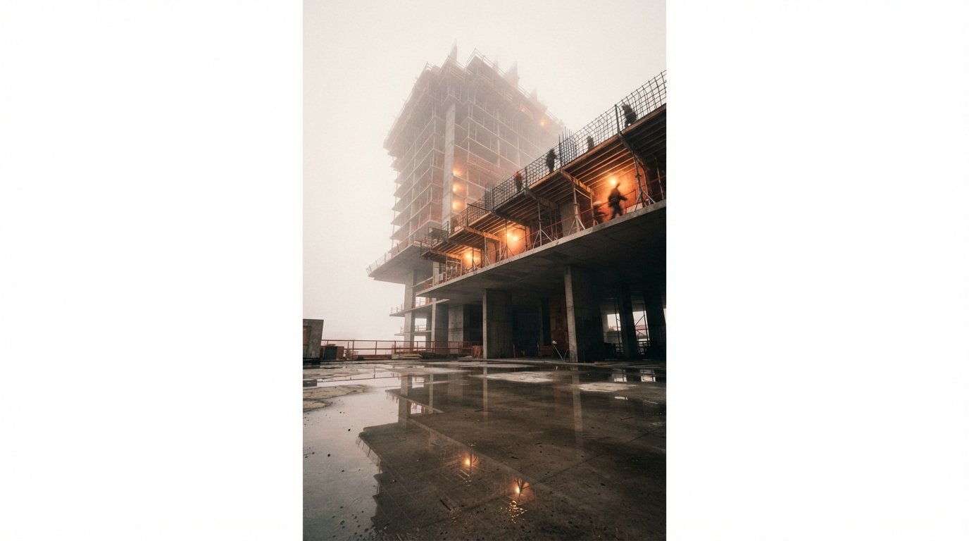 A worm's-eye view of a fog-shrouded concrete high-rise under construction with structural reflections in rain puddles.