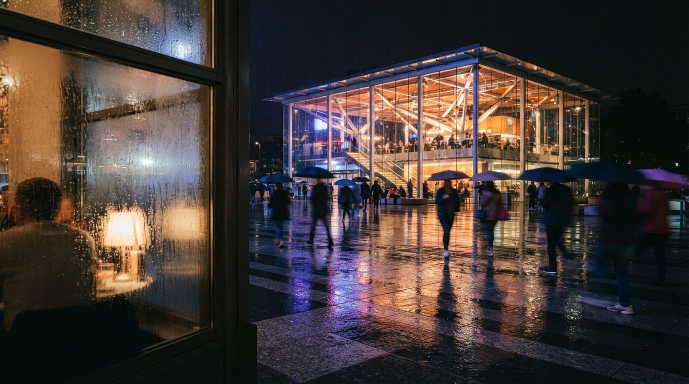 A night view of a glowing modern pavilion reflecting neon light across a wet urban plaza seen through rain-streaked glass.