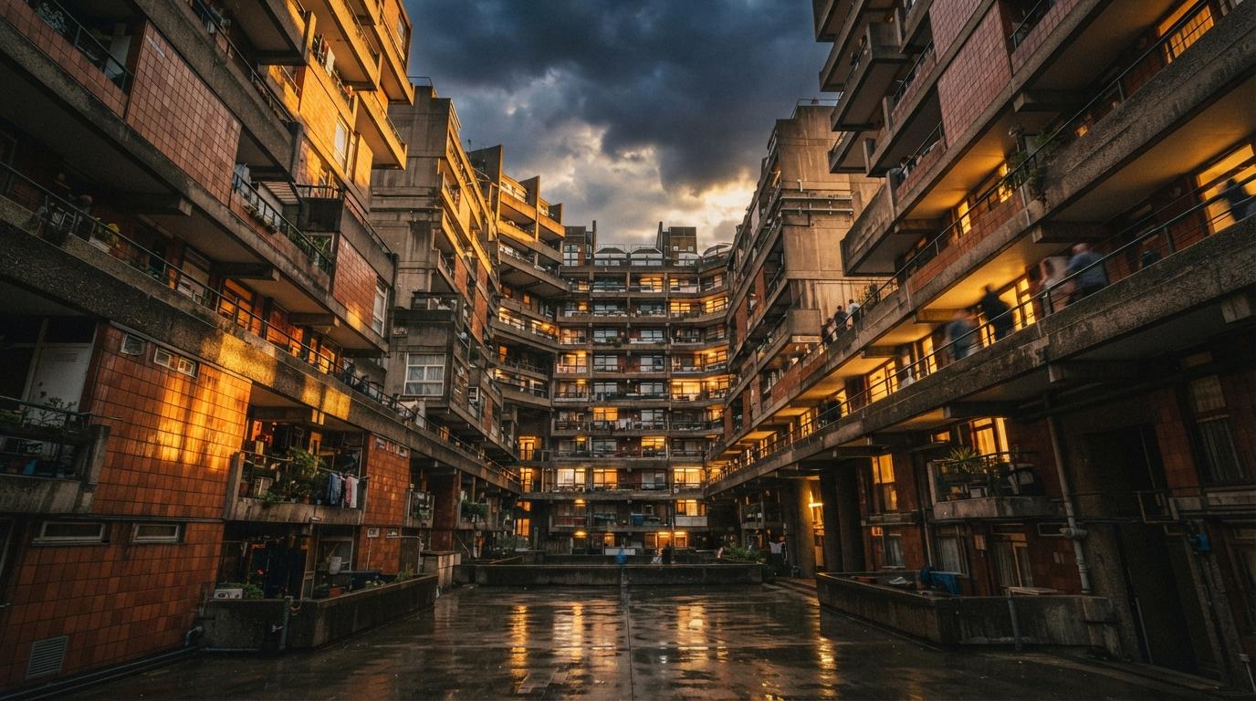 A low-angle photograph looking straight up at terraced residential balconies under a clearing storm sky.