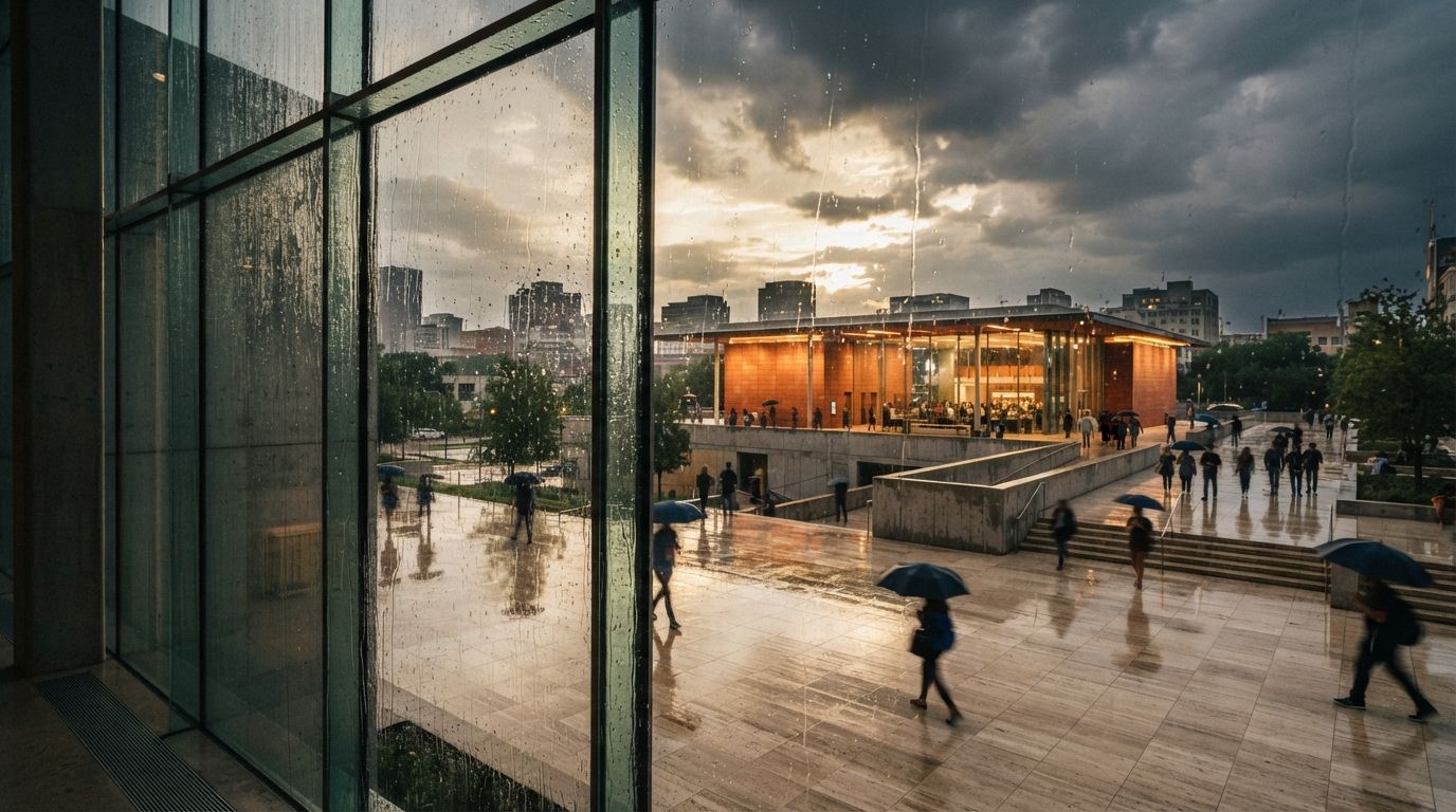 A rain-soaked architectural plaza reflecting warm orange lights under a clearing storm sky as seen through glass.