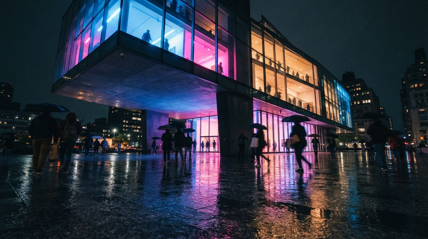 A low-angle night photograph of a modern glass building with neon light reflecting off wet plaza paving stones.