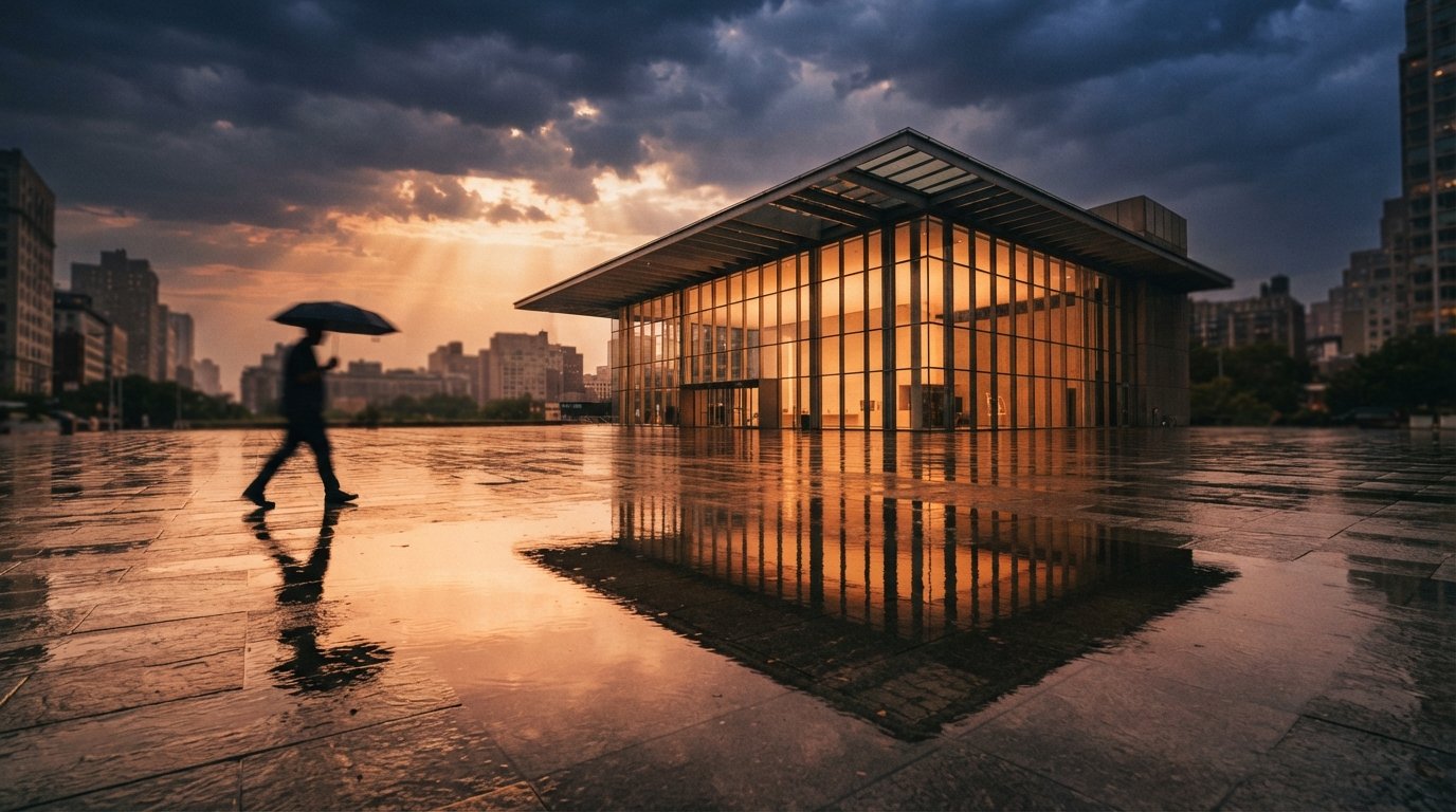 A modern glass pavilion reflected in a wet plaza after a storm with sunbeams breaking through clouds.
