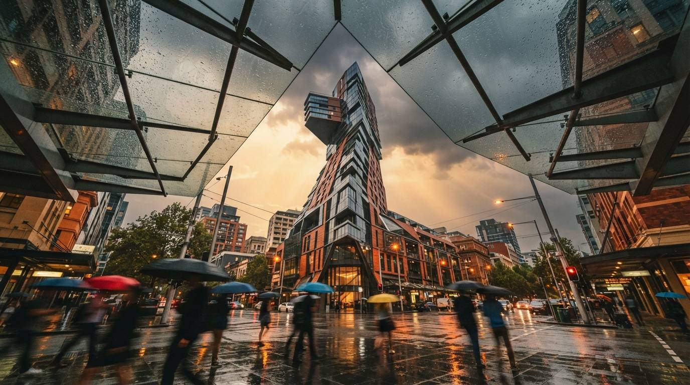 A worm's-eye view through wet glass looking up at a modern cantilevered building during a rainstorm.