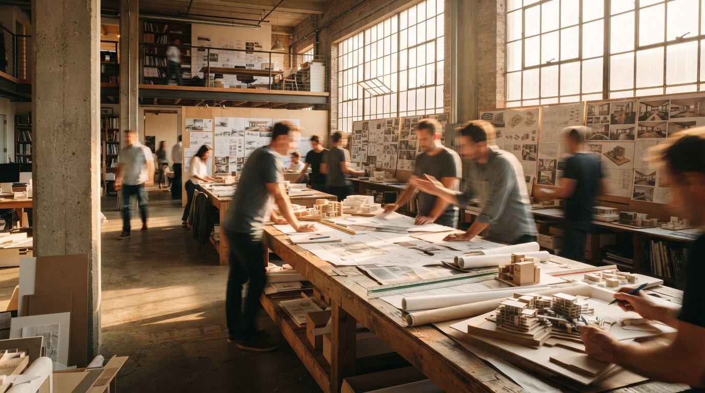 Architects move about a sunlit loft studio surrounded by physical models and scale drawings pin-boarded along the walls.