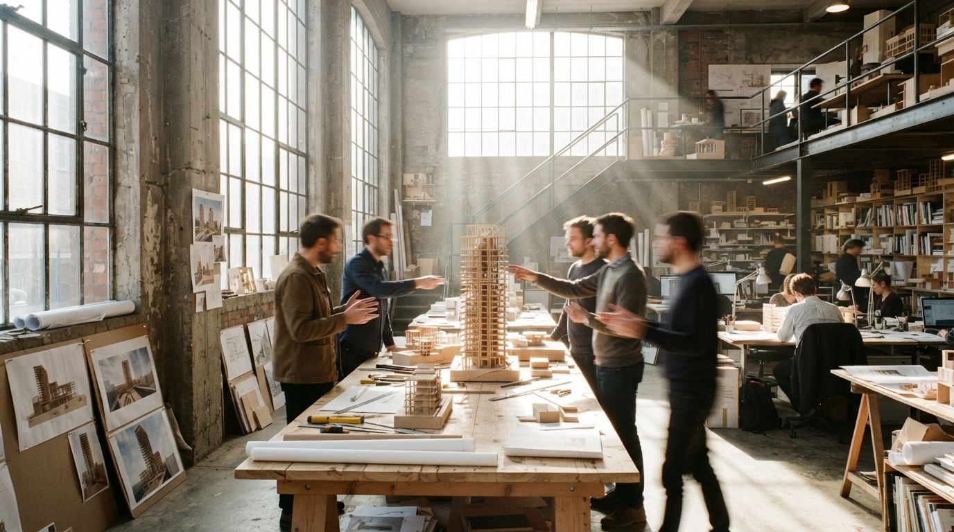 Architects gather around scale models and physical rendering boards inside a daylight-flooded studio.