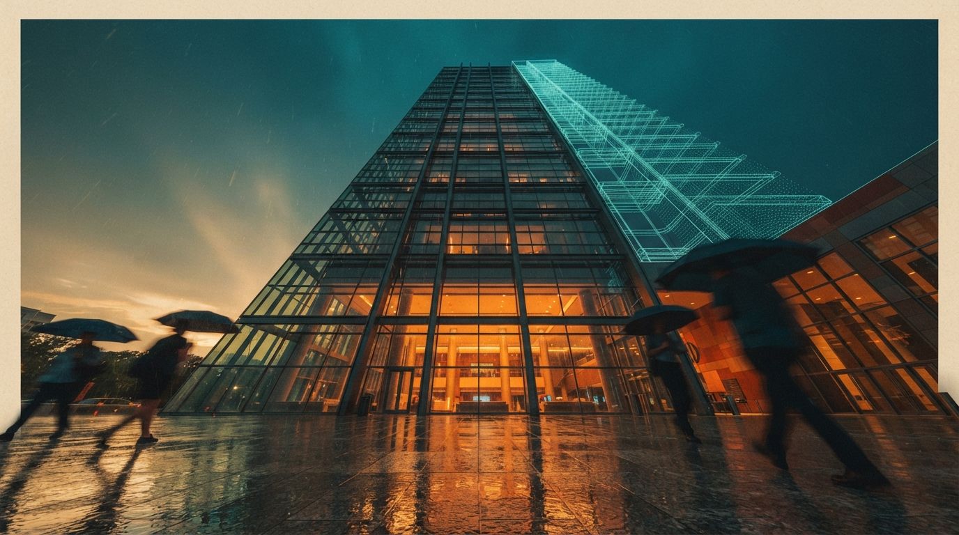 Low-angle photo of a modern glass skyscraper dissolving into a digital point-cloud grid during a rainstorm.