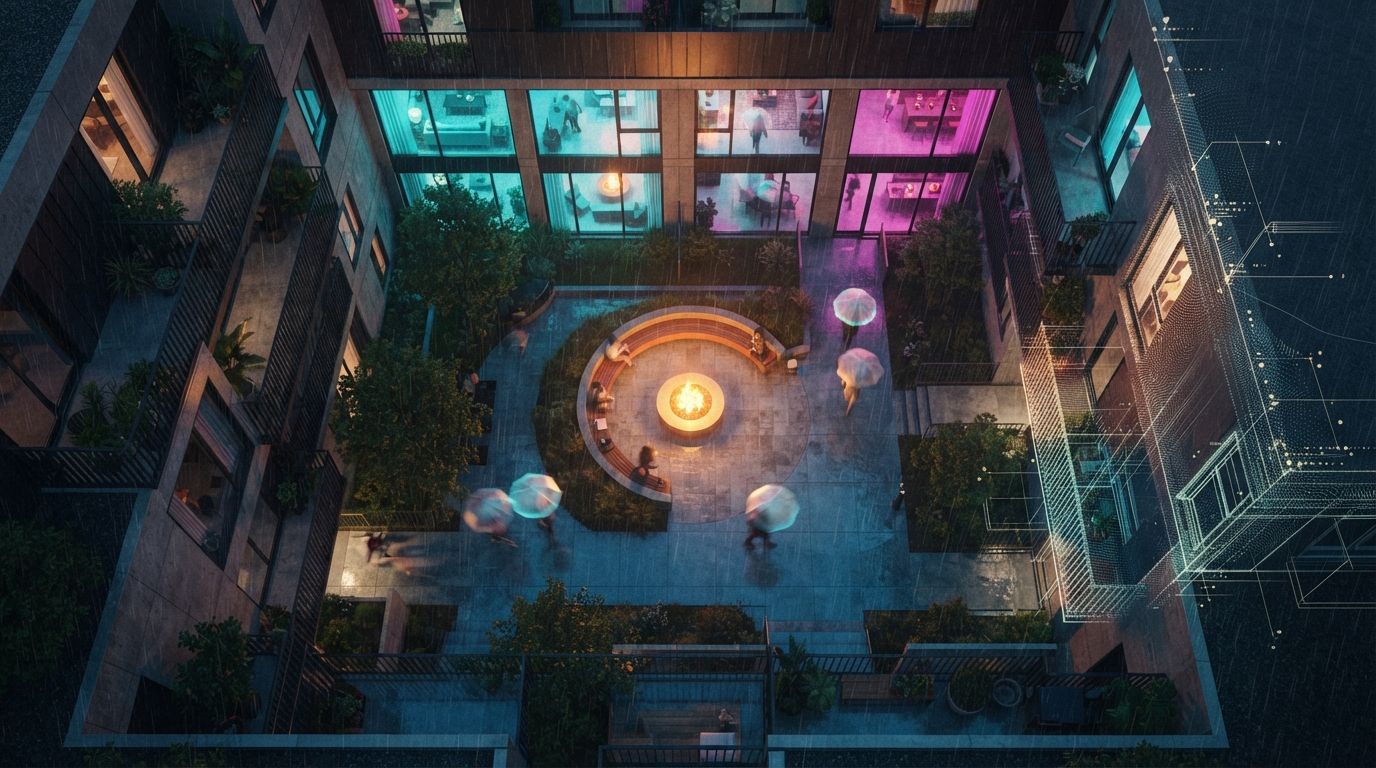 A top-down aerial photograph of an inhabited modern residential courtyard in the rain with glowing interior windows and a central fire pit.