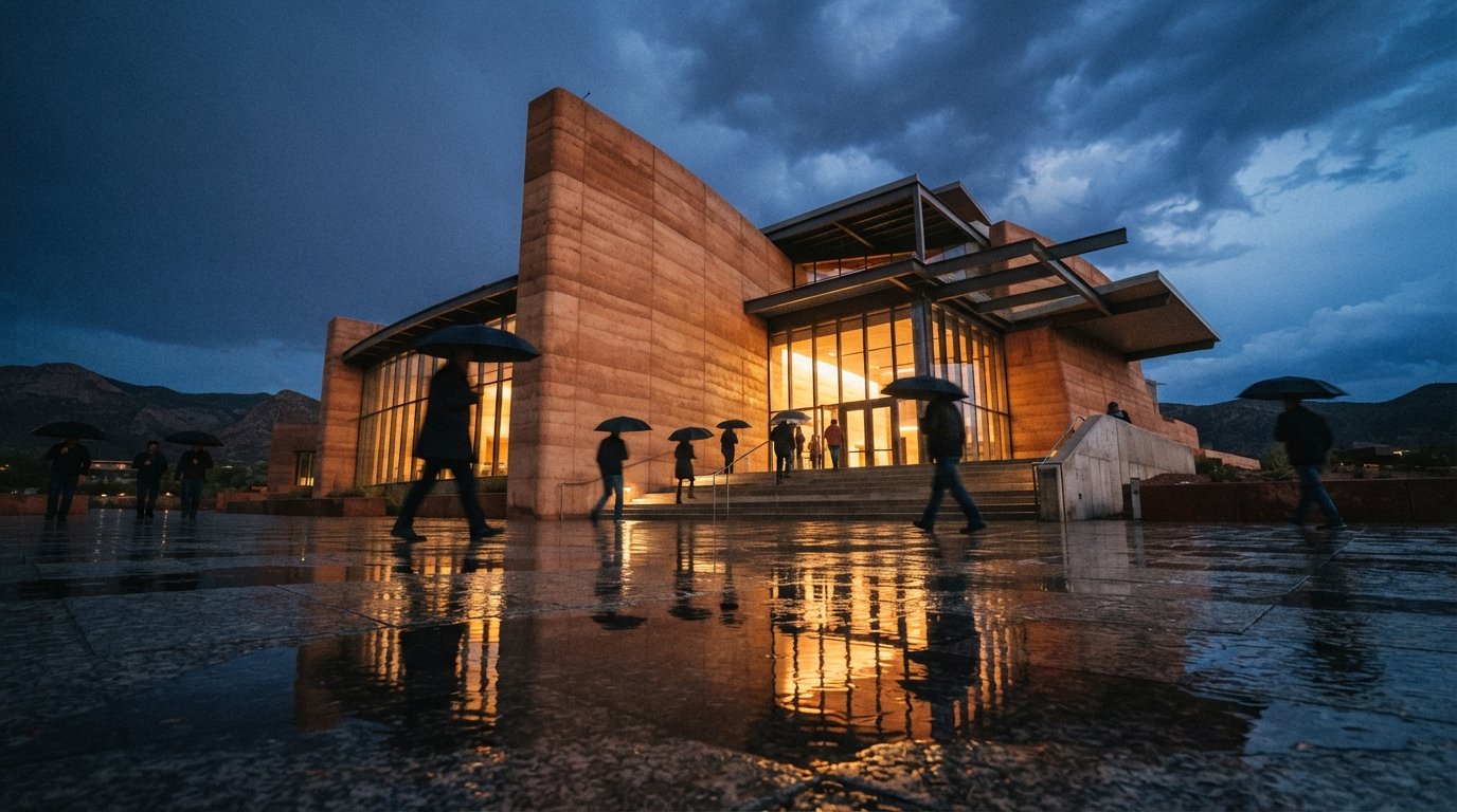 A low-angle shot of a rammed-earth cultural center at dusk reflecting off wet plaza pavement during a rainstorm.