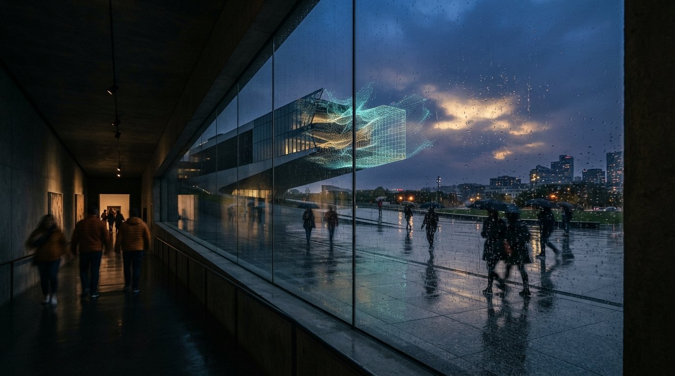 A cantilevered museum building partially dissolved into a point cloud matrix during a monsoon storm dusk.