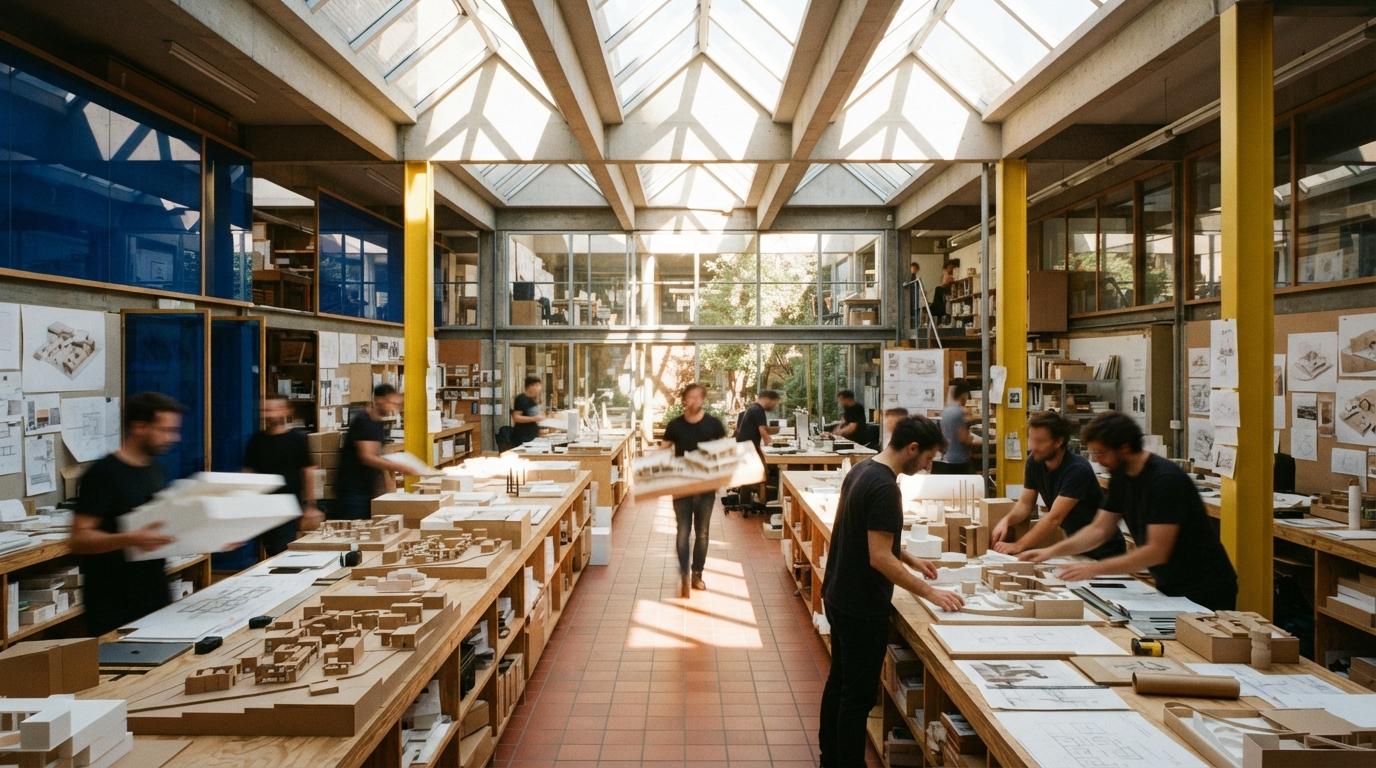 Architects move through a brightly lit mid-century studio with cobalt blue partitions and yellow structural columns.